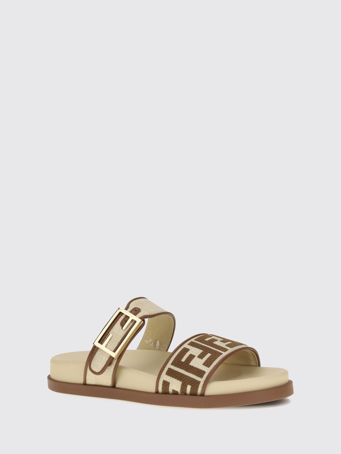 feel flat sandals in raffia with ff monogram motif and strap