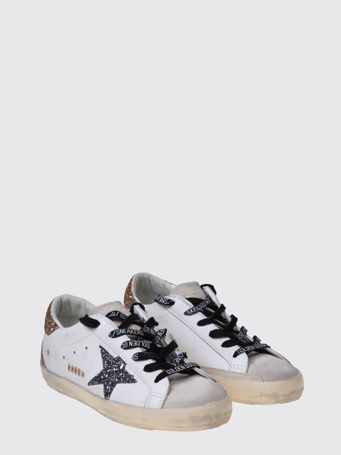super-star distressed leather and glitter sneakers