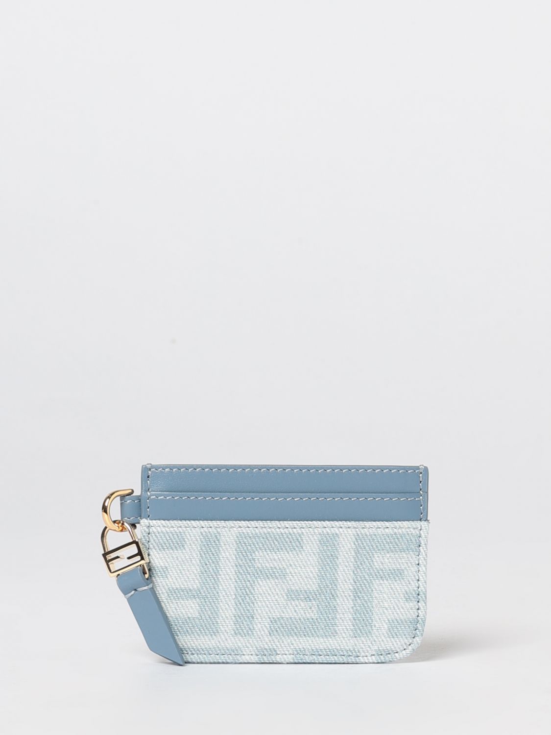 ff monogram print denim and leather flat card holder