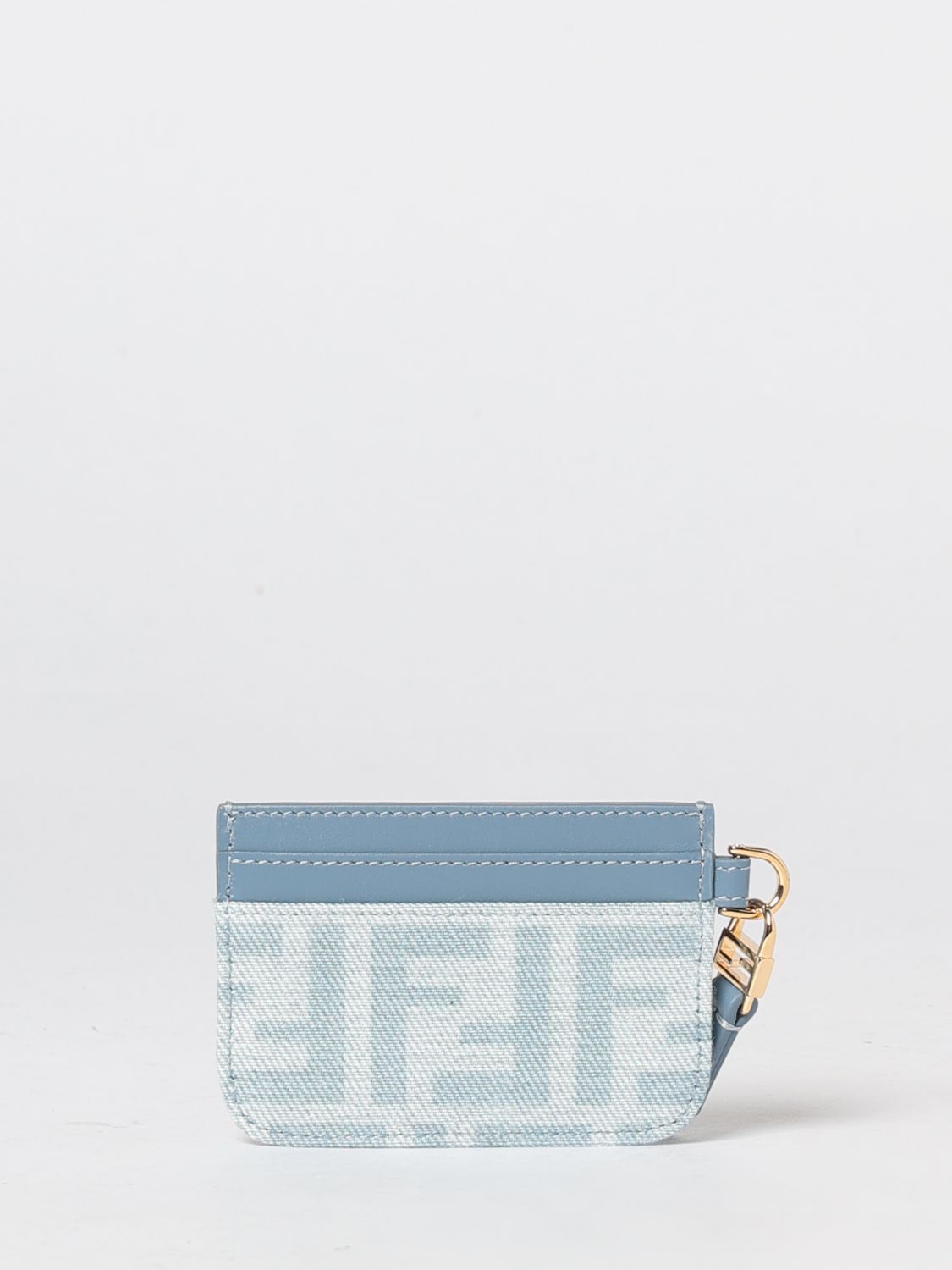 ff monogram print denim and leather flat card holder