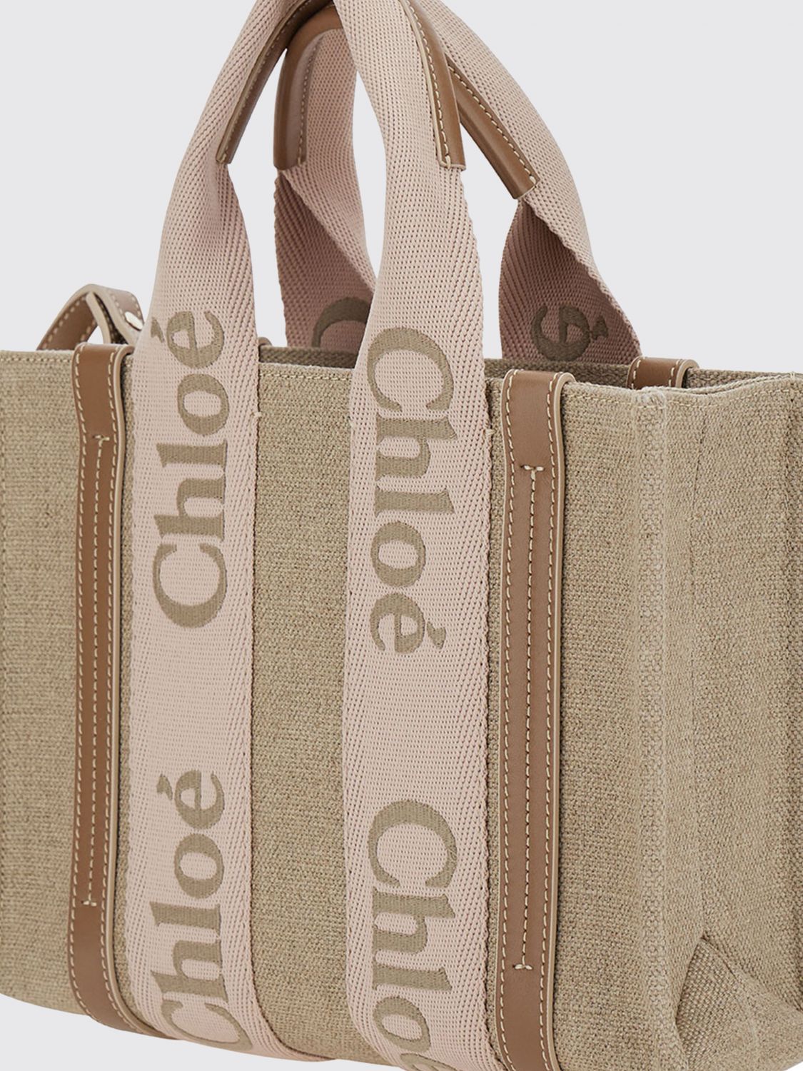 small woody chloé linen canvas tote bag with logo ribbon handles