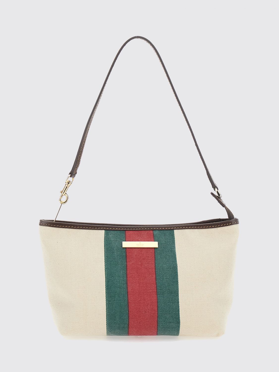 mini shoulder bag in cotton canvas with web stripe and leather handle