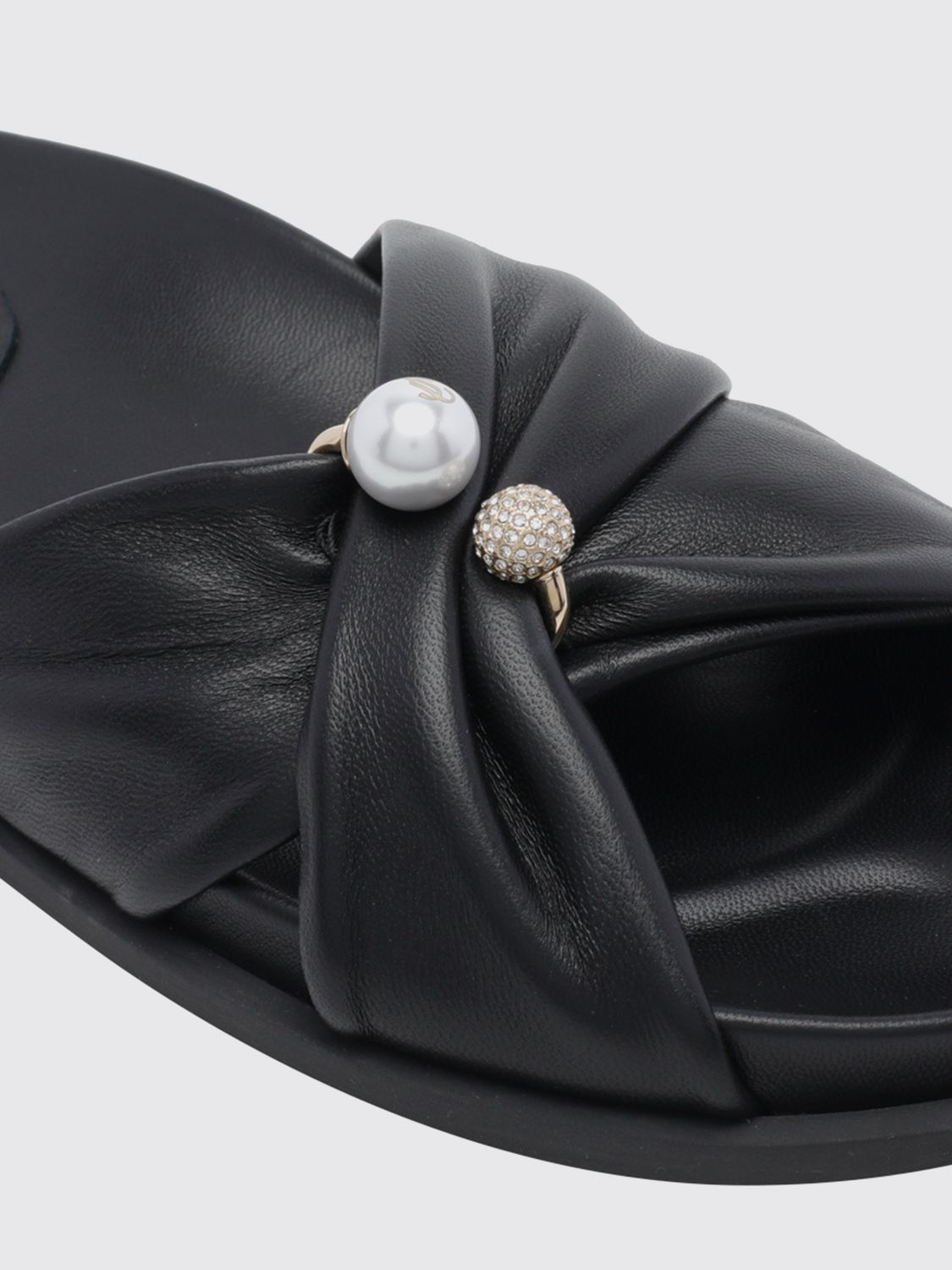 rafi smooth calfskin slide sandals with pearls and rhinestones
