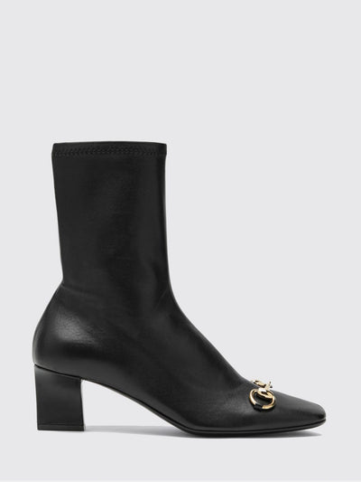 signora stretch leather ankle boots with horsebit and block heel