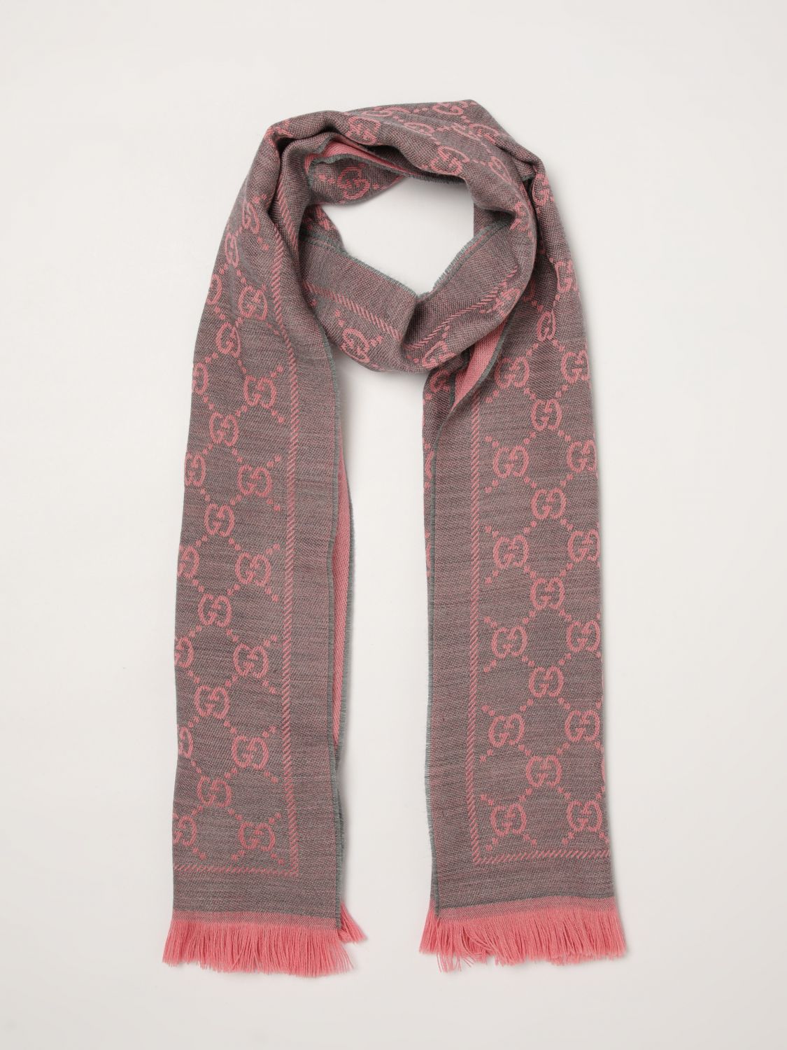 gg jacquard wool scarf with fringed edges