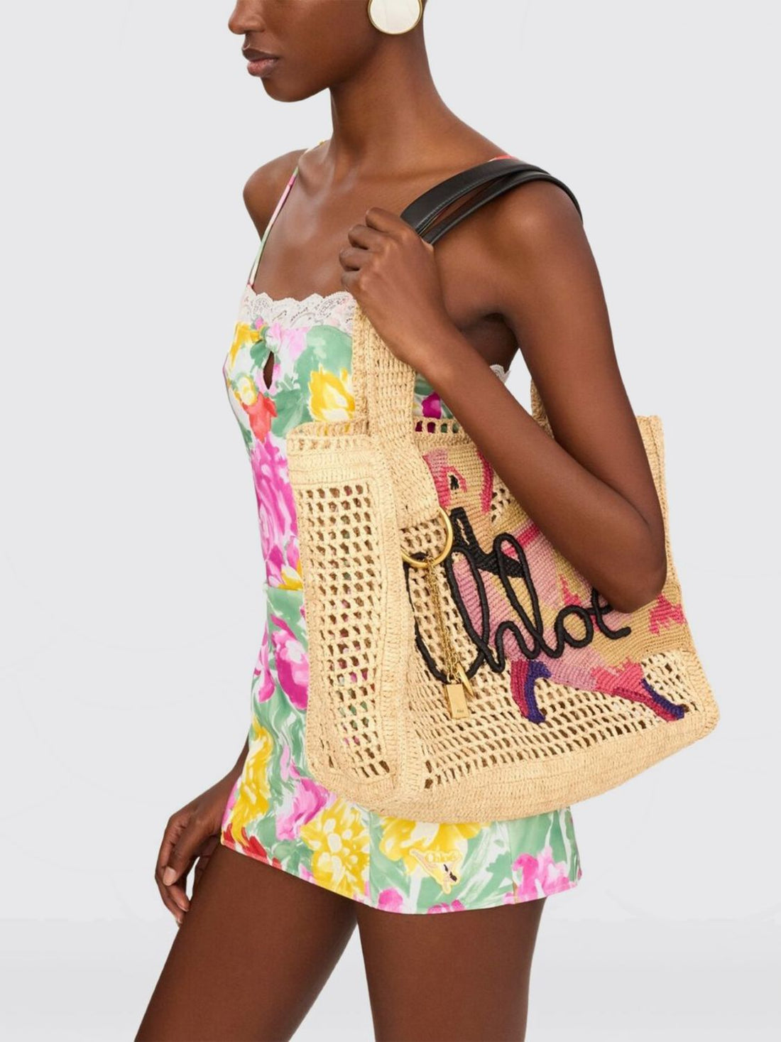 CHLOÉ OS chloé summer banana crochet raffia tote bag with embroidered logo