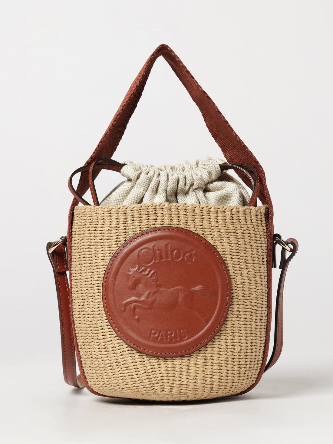 CHLOÉ OS horse medal mini bucket bag chloé in two-colour raffia with shoulder strap