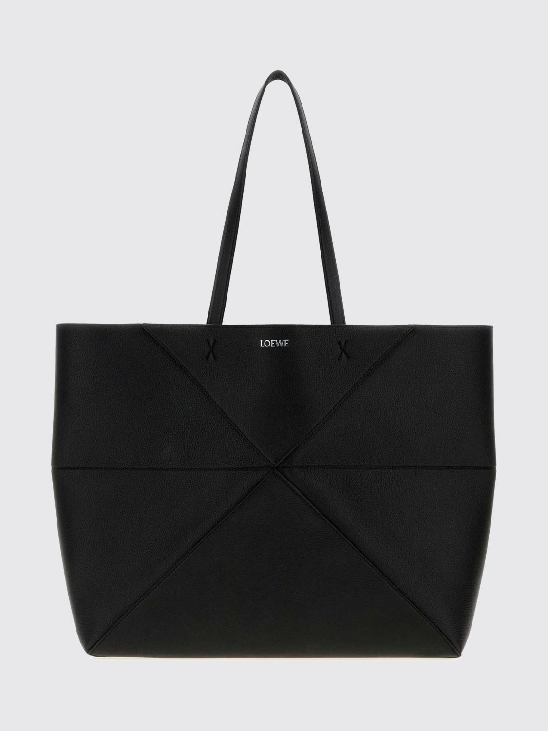 large puzzle fold calfskin leather tote bag with laminated logo