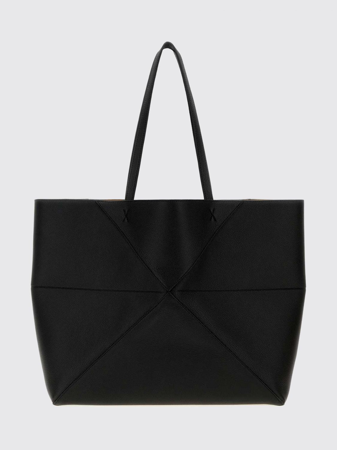 large puzzle fold calfskin leather tote bag with laminated logo