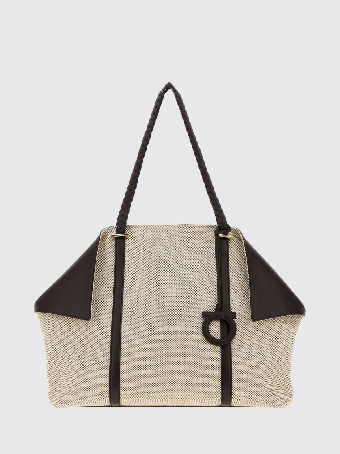 FERRAGAMO OS scarf gancini logo canvas and leather tote bag