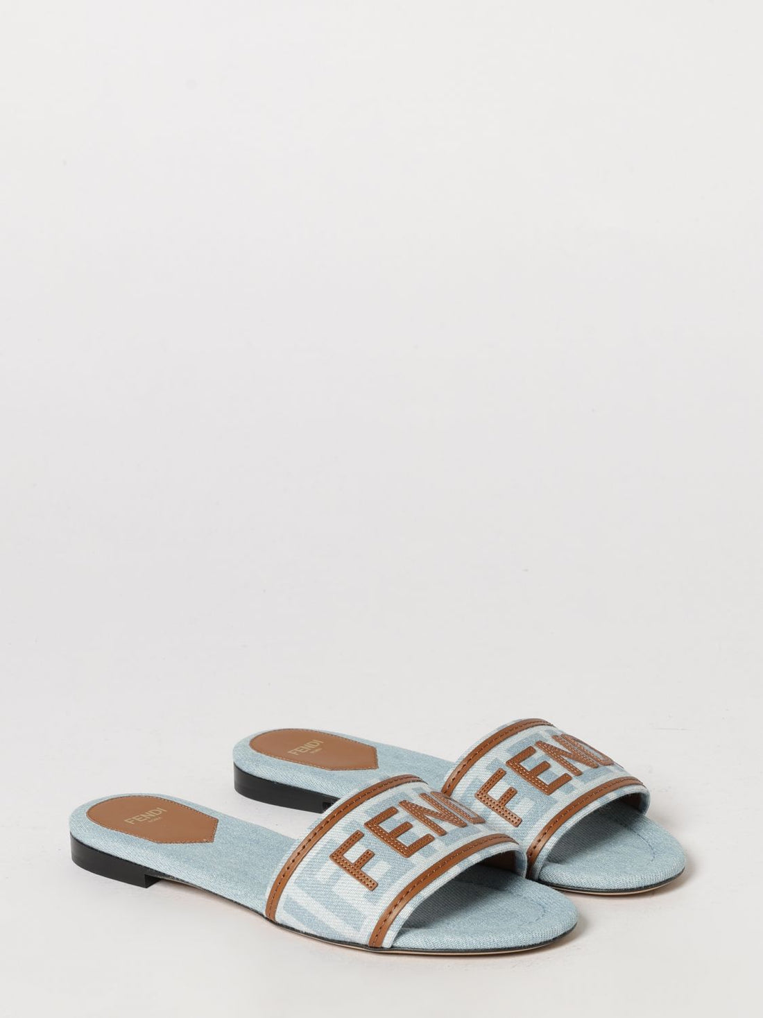 FENDI 36 sunshine low-heeled cotton denim mules with applied logo