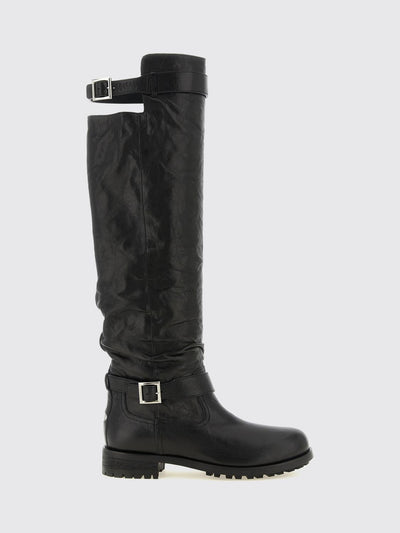 knee-high lambskin leather biker boots with round toe