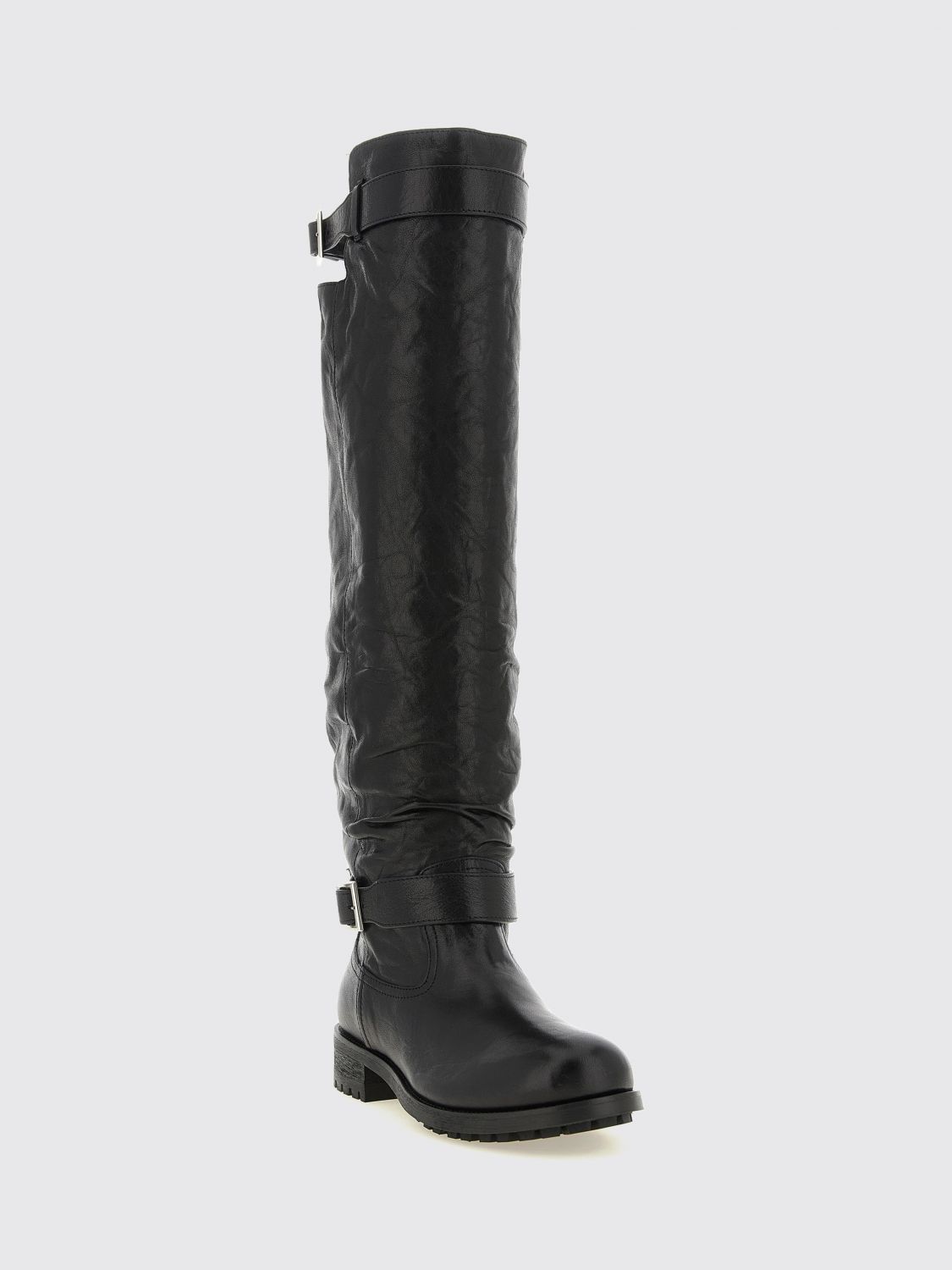 knee-high lambskin leather biker boots with round toe
