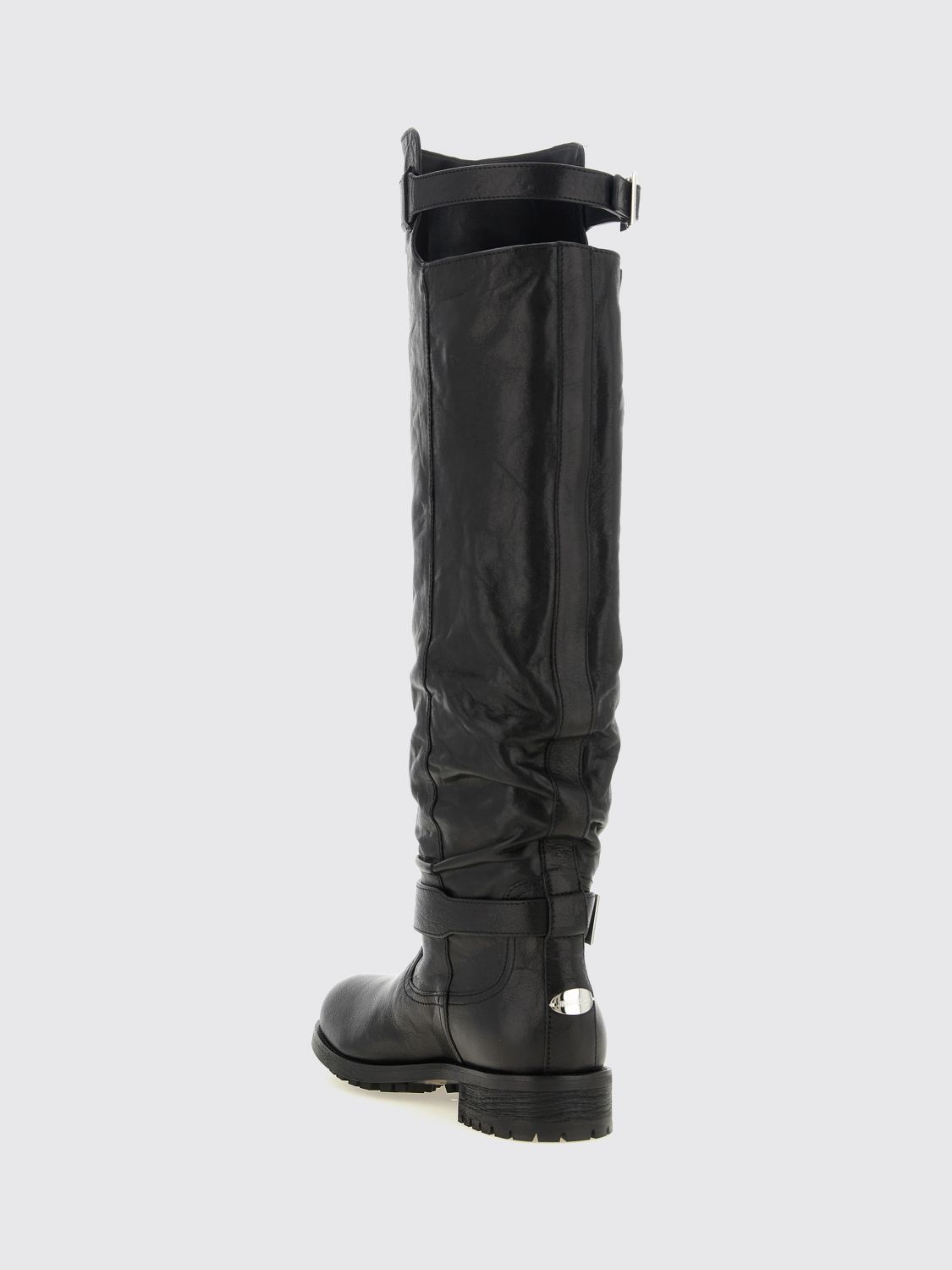 knee-high lambskin leather biker boots with round toe