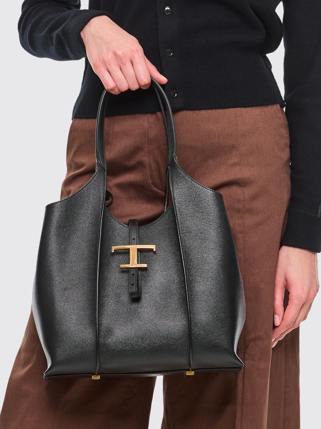t timeless grained calfskin shoulder bag with double handle