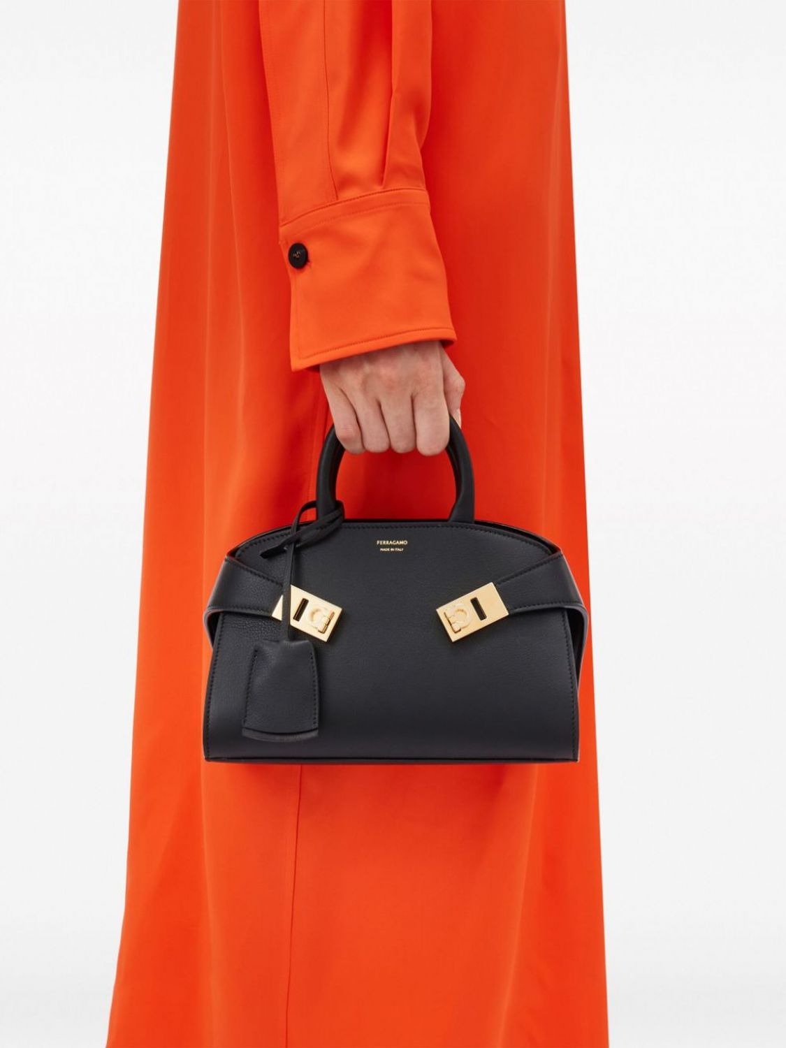 hug calfskin leather mini top handle bag with double handle and straps