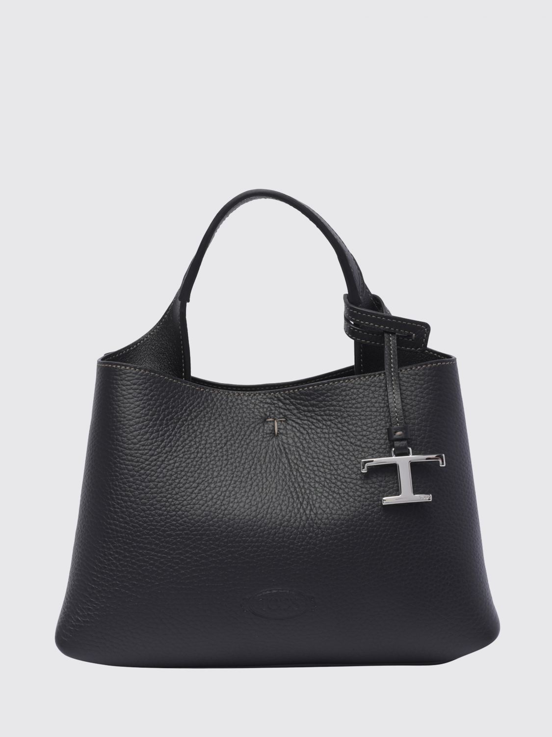grained leather handbag with removable strap and charm
