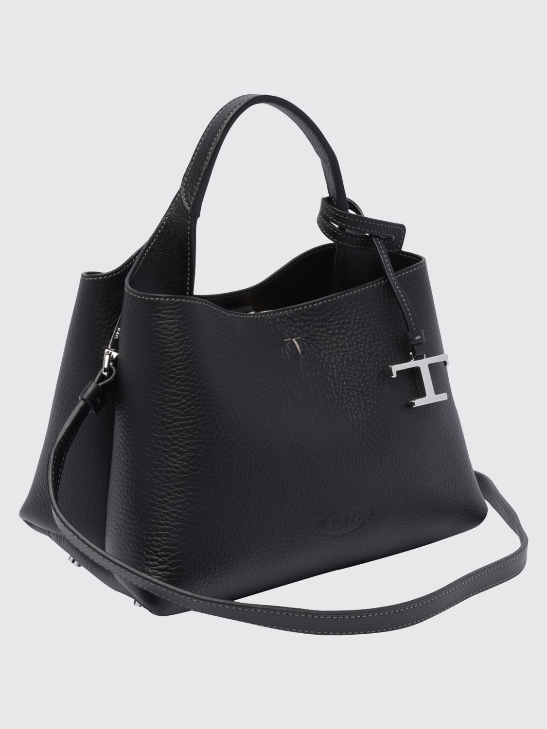 grained leather handbag with removable strap and charm