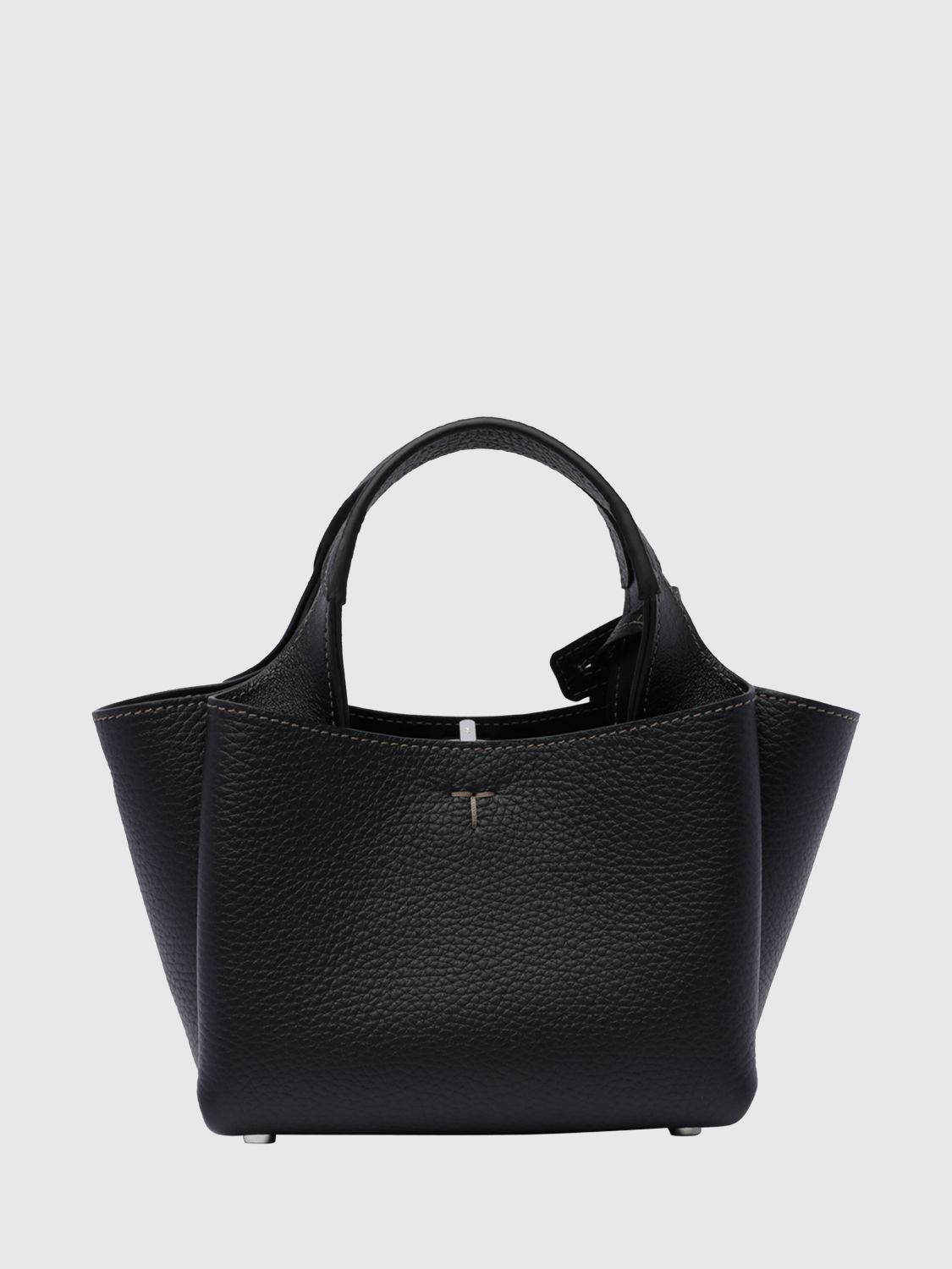 small grained leather handbag with flared design and charm