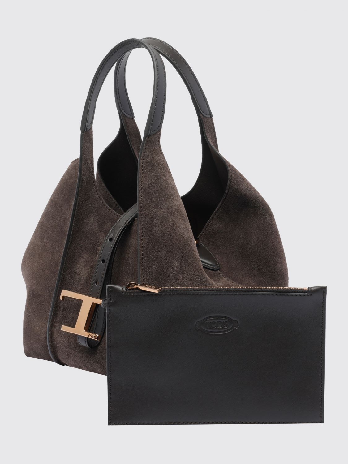 t timeless suede shoulder bag with metallic logo