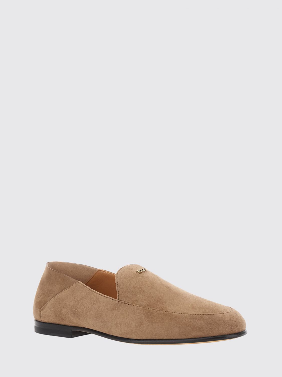 suede calfskin loafers with metal logo and low heel