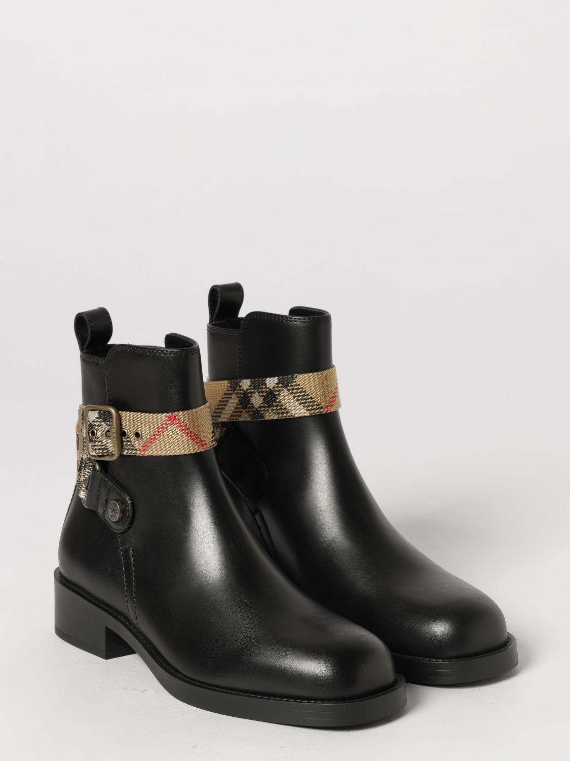 huntley leather biker ankle boots with vintage check inserts