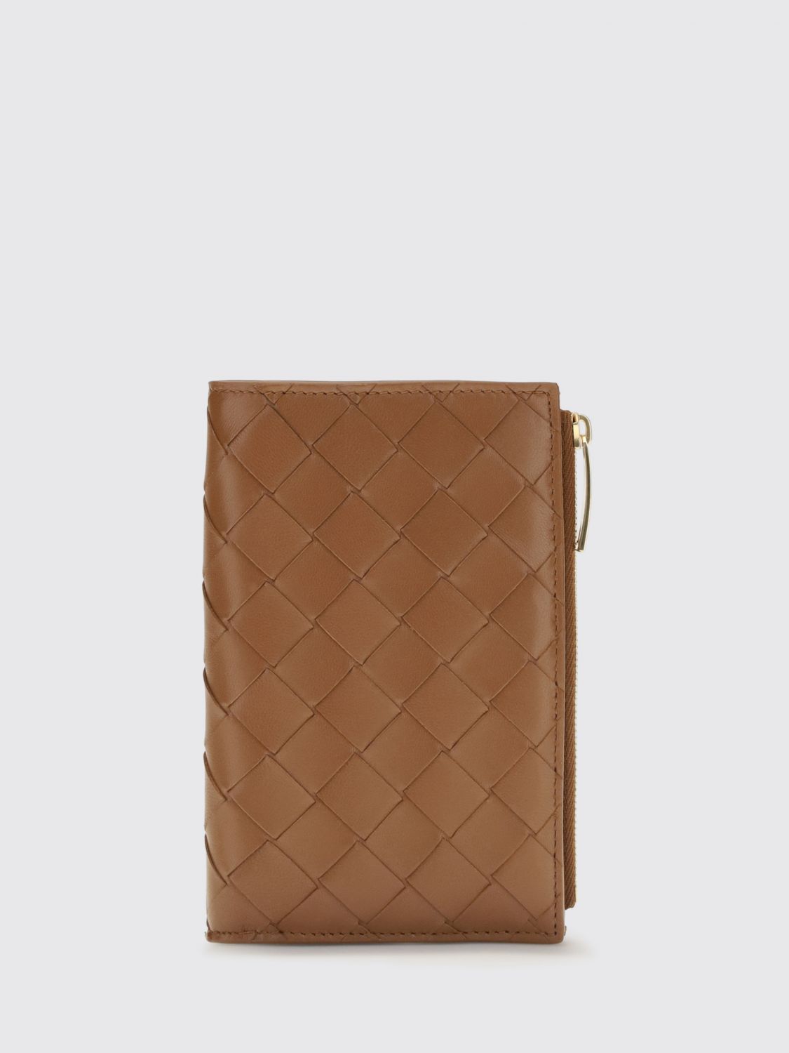 bifold woven calfskin wallet with card slots and zip pocket