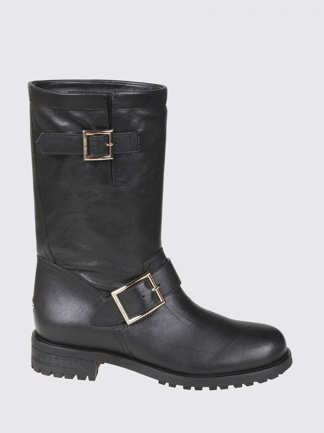 calfskin biker boots with buckles and lug sole