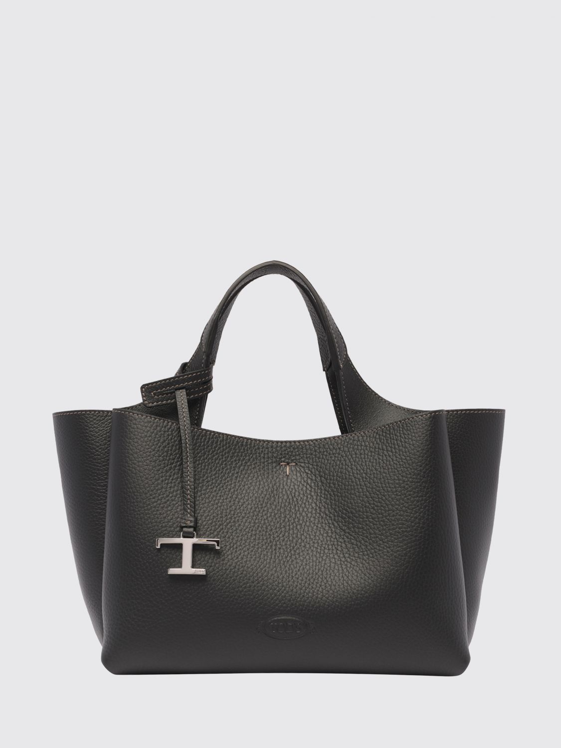 hammered leather handbag with logo charm and removable strap