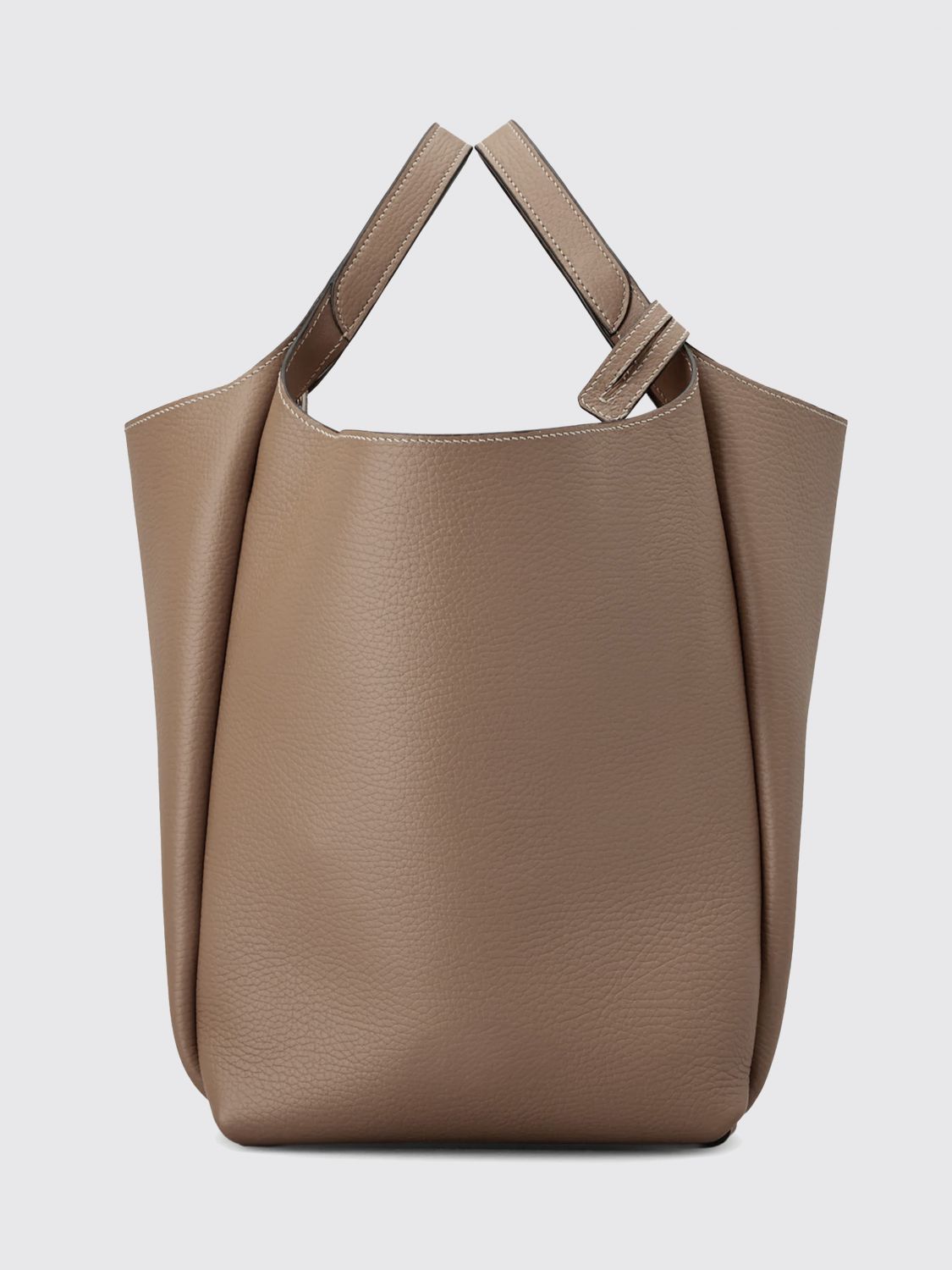 hammered leather bucket bag with double handle and charm