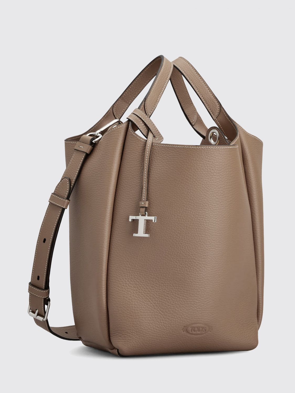 hammered leather bucket bag with double handle and charm