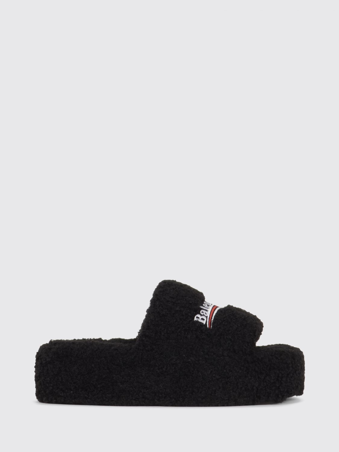 shearling wedge slide sandals with embroidered logo