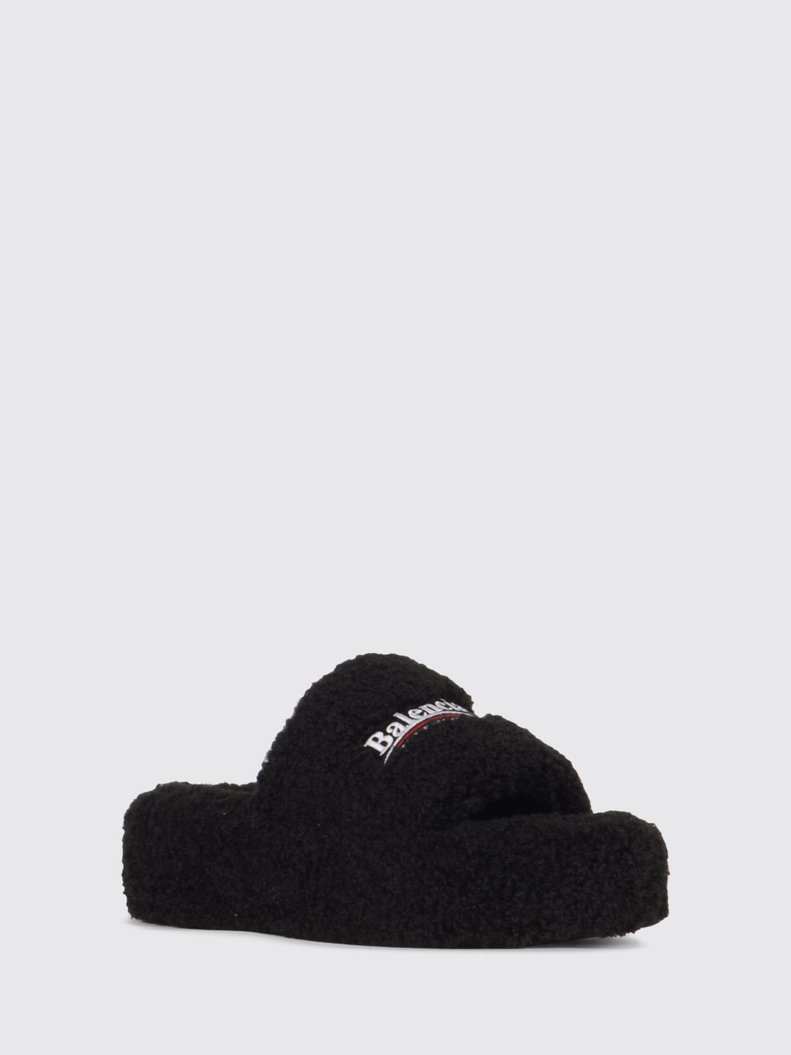 shearling wedge slide sandals with embroidered logo