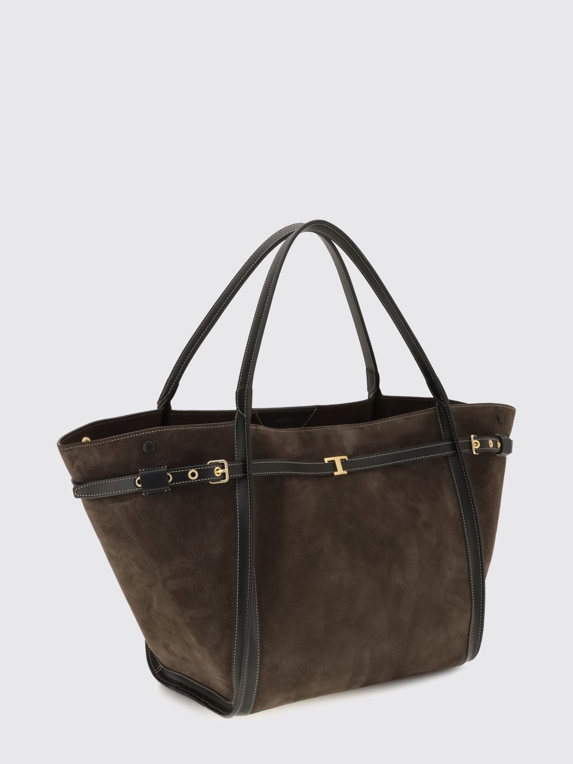 t signature suede calfskin shopping bag with t timeless logo