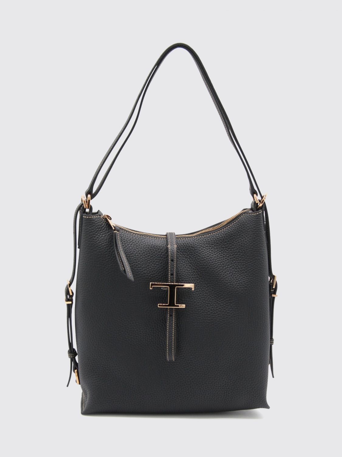 t timeless grained leather shoulder bag with zip closure