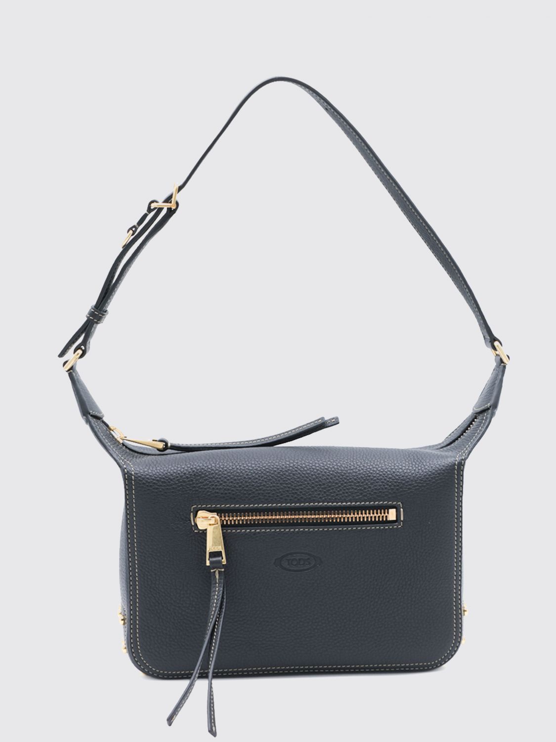metal dots hammered leather shoulder bag with embossed logo