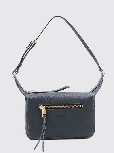 metal dots hammered leather shoulder bag with embossed logo
