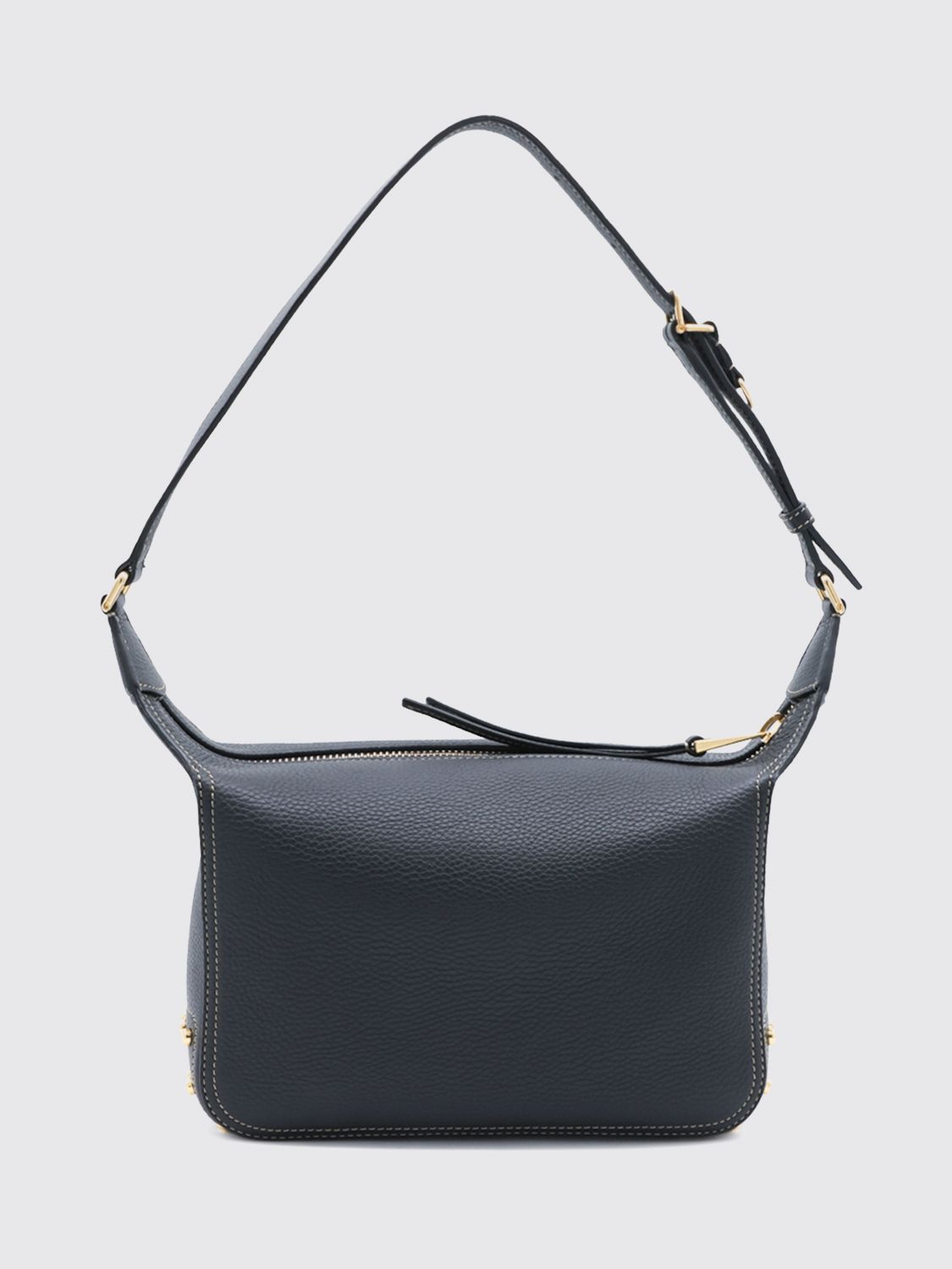 metal dots hammered leather shoulder bag with embossed logo
