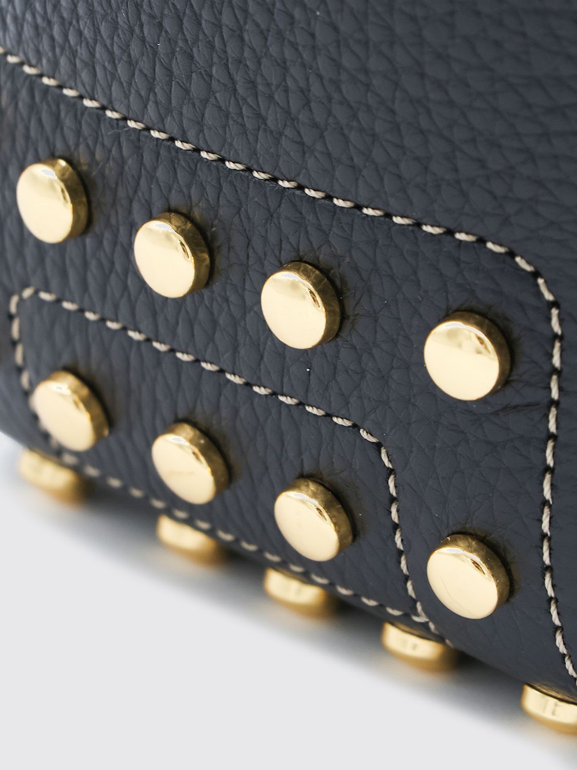 metal dots hammered leather shoulder bag with embossed logo