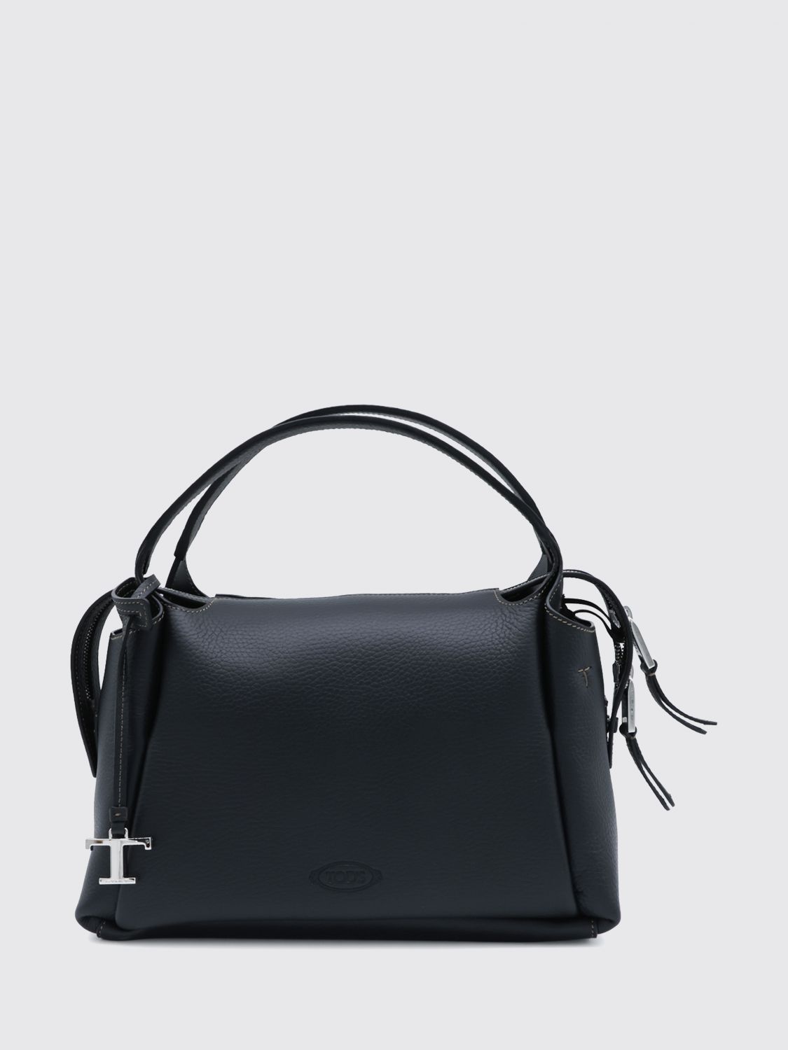 grained leather handbag with zip closure and logo charm