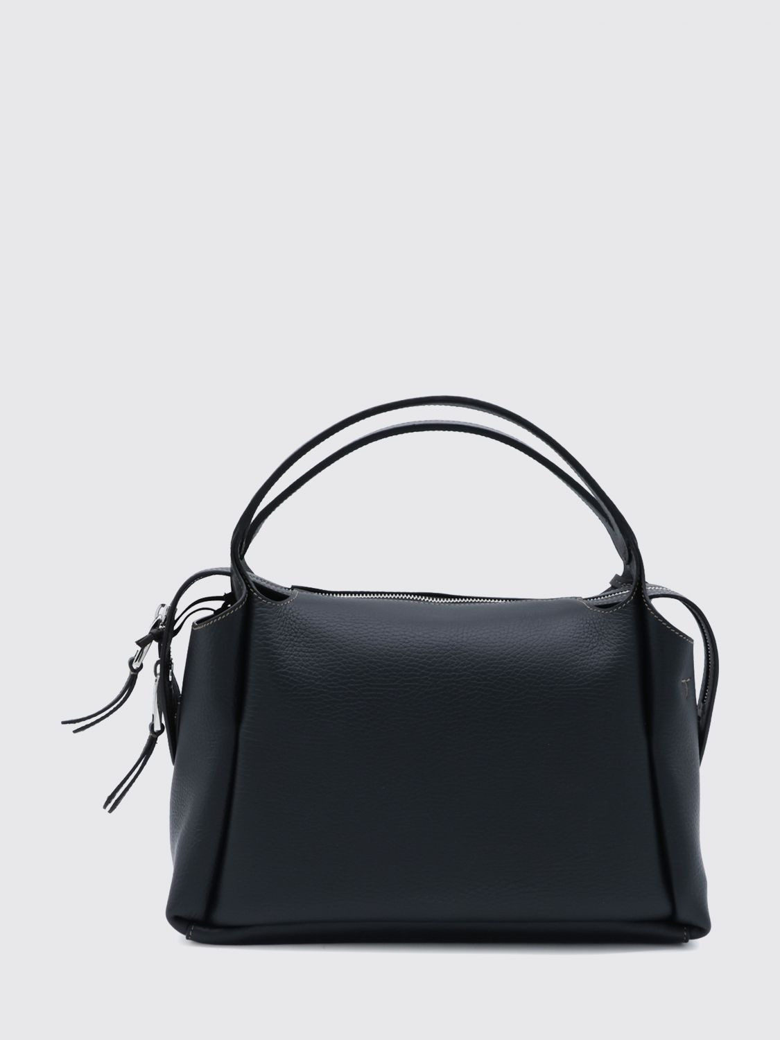 grained leather handbag with zip closure and logo charm