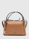 grained leather handbag with zip closure and logo charm