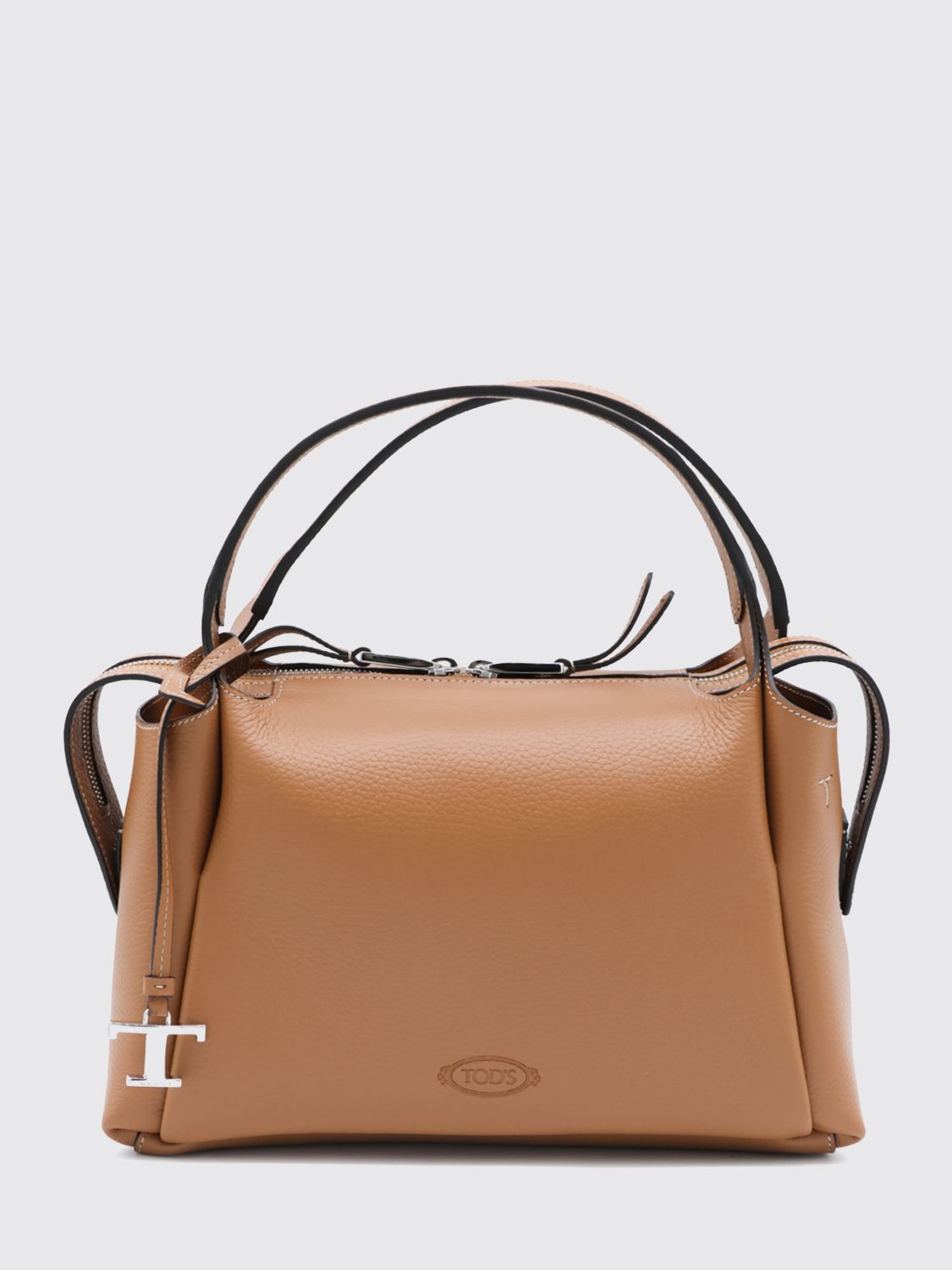 grained leather handbag with zip closure and logo charm