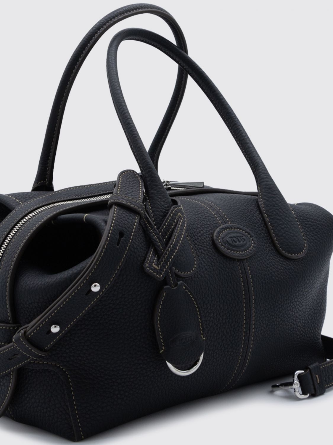 hammered leather boston bag with double handle and shoulder strap
