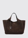 suede calf leather handbag with double handle and logo charm