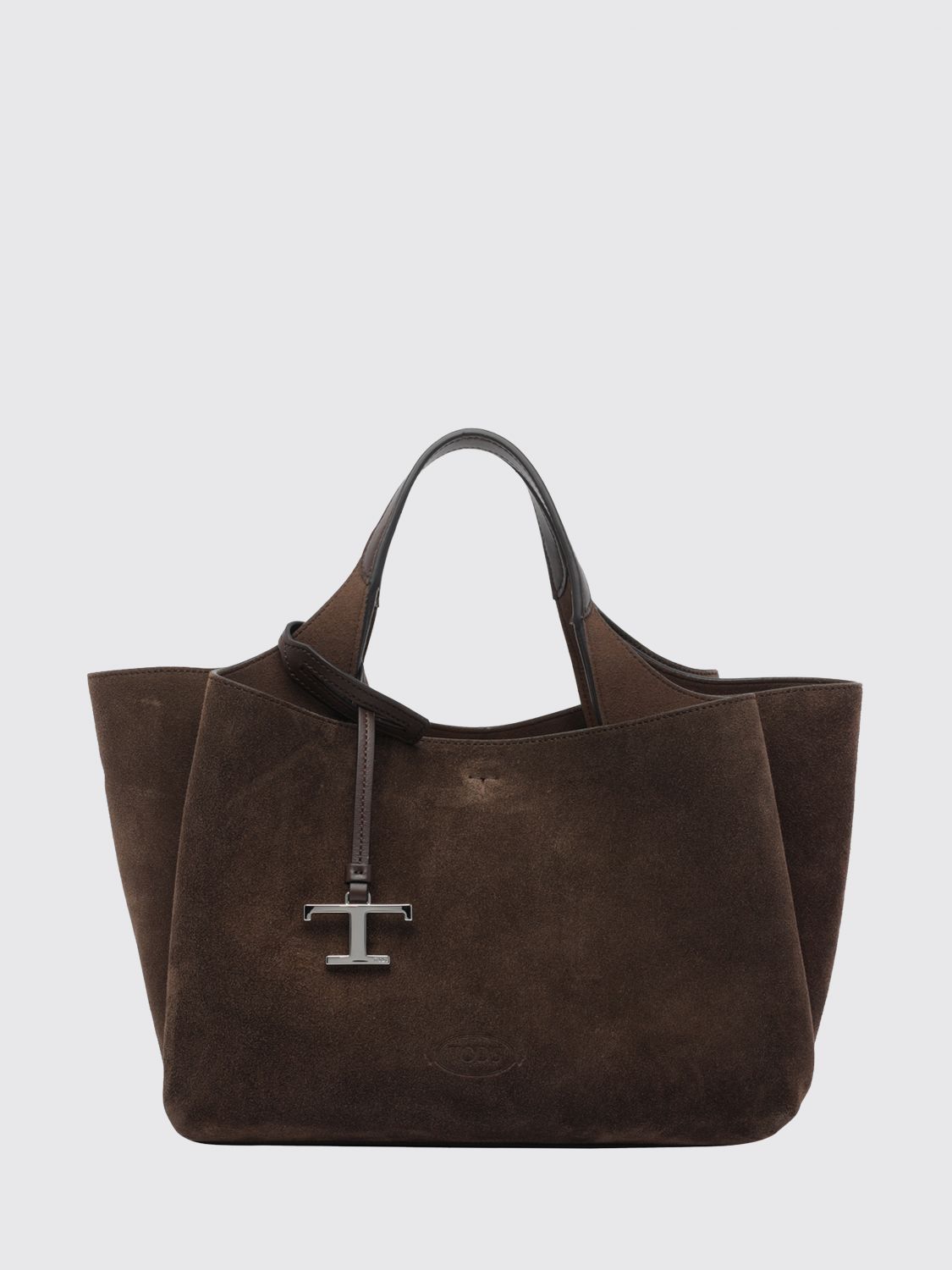suede calf leather handbag with double handle and logo charm