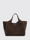suede calf leather handbag with double handle and logo charm
