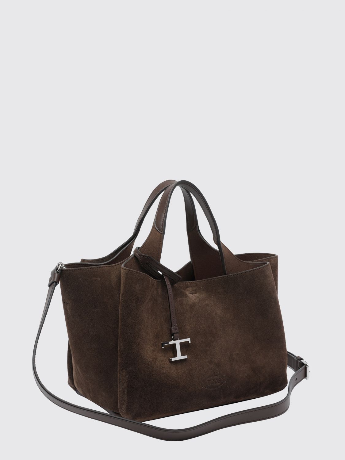 suede calf leather handbag with double handle and logo charm