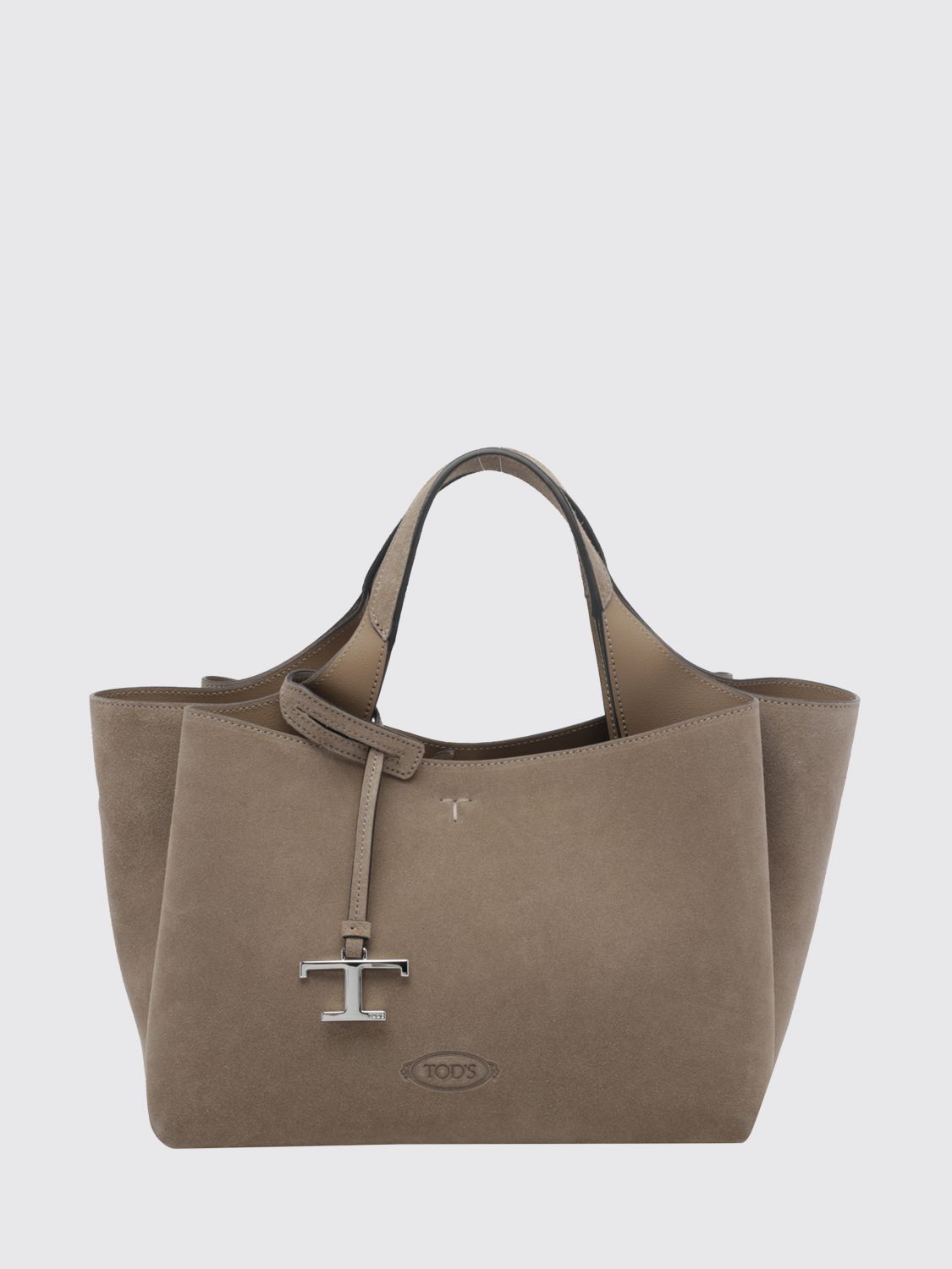 suede calf leather handbag with removable shoulder strap and logo charm