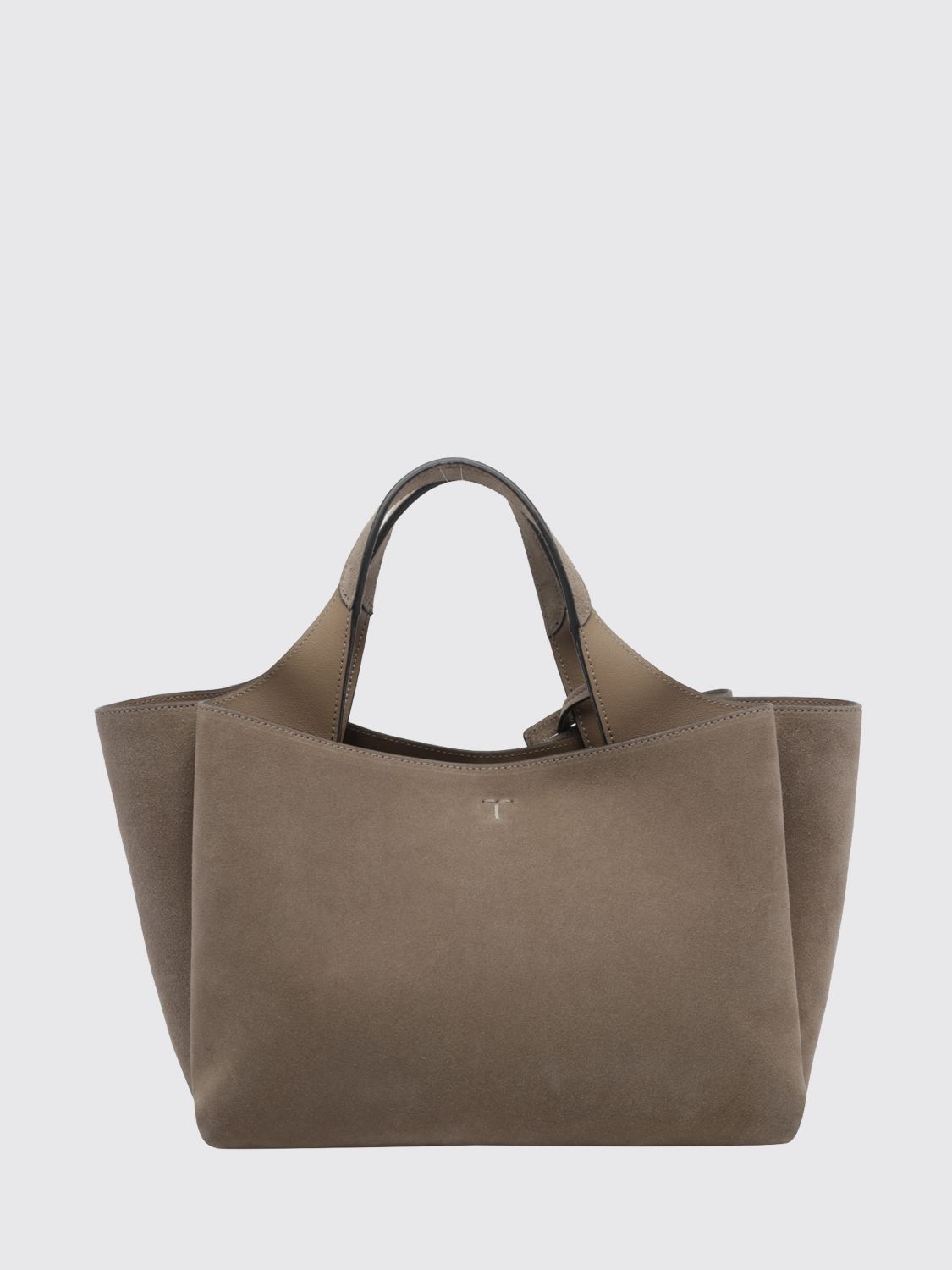 suede calf leather handbag with removable shoulder strap and logo charm